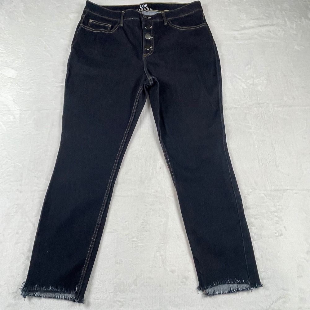 Lee Riders Womens High Rise Exposed Button Fly Raw Hem Skinny Jeans Dark Wash 14